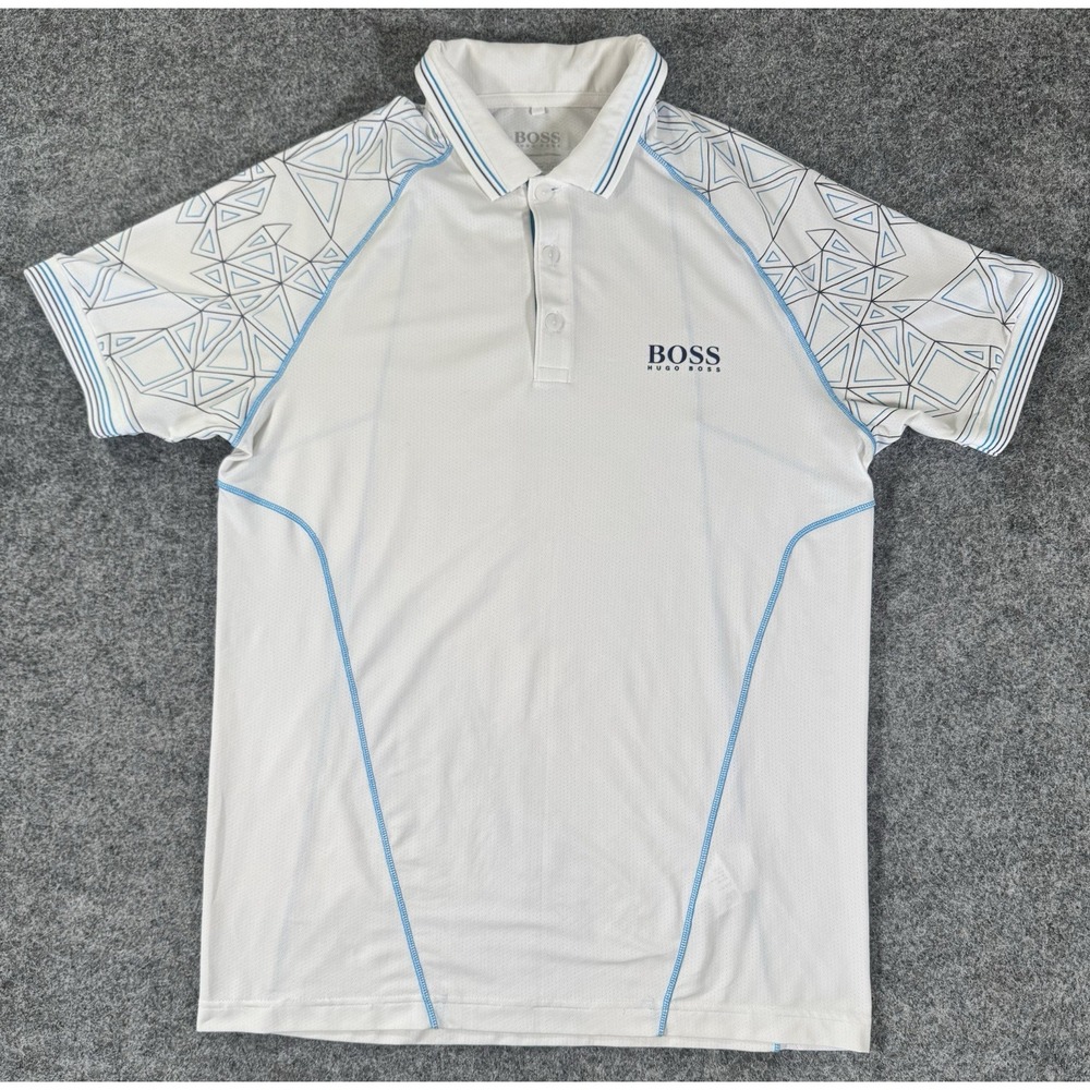 BOSS Hugo Boss Men's M Golf Polo Shirt White Blue Geometric Performance